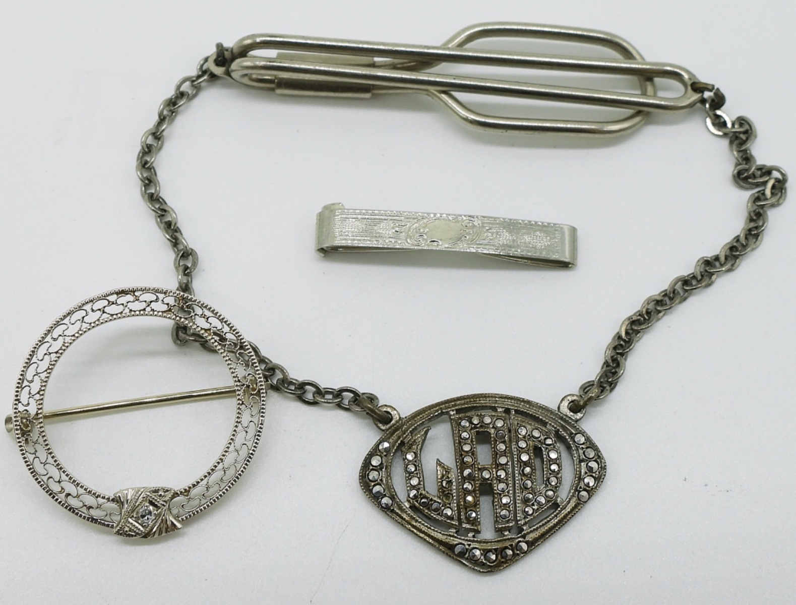 Sterling Silver Lot: Brooch, Tie Clip, Hair Clip