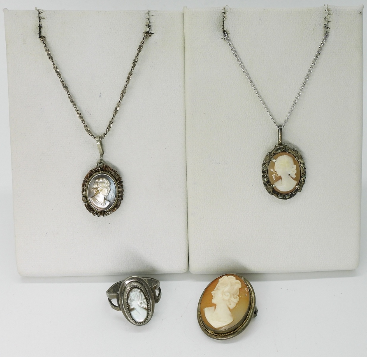 Sterling Cameo Lot: 2 Necklaces, Ring, Pin