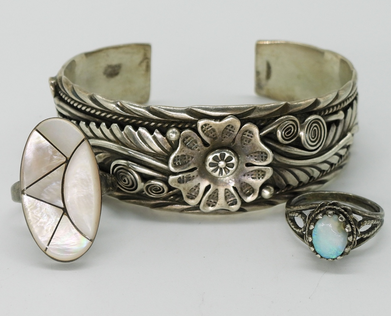 Navajo Sterling Cuff & 2 Rings, MOP & Opal