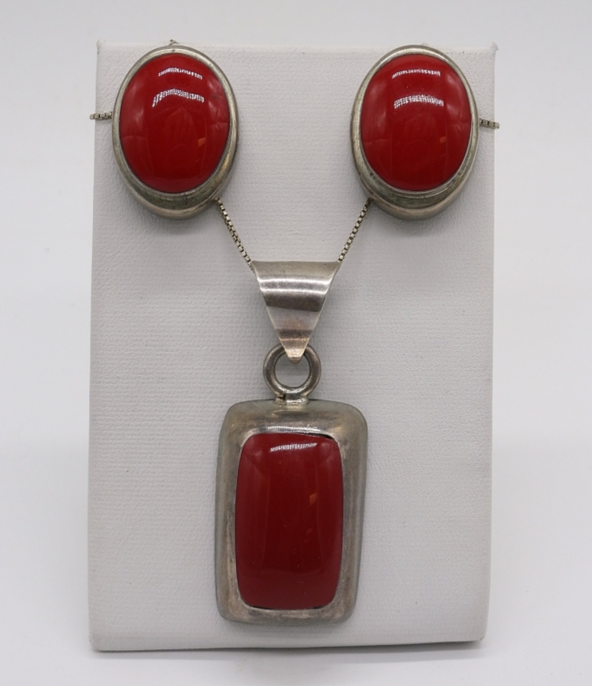 Taxco Sterling Red Coral Pendant & Earrings
