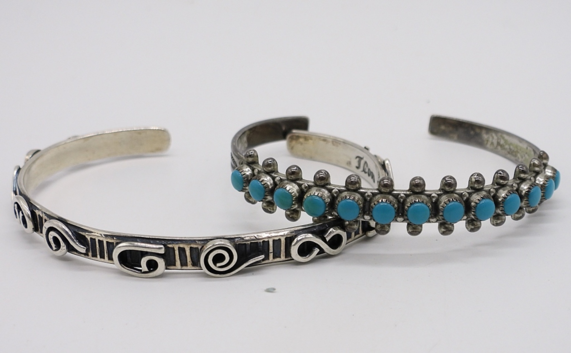 2 Sterling Cuff Bracelets, One Turquoise