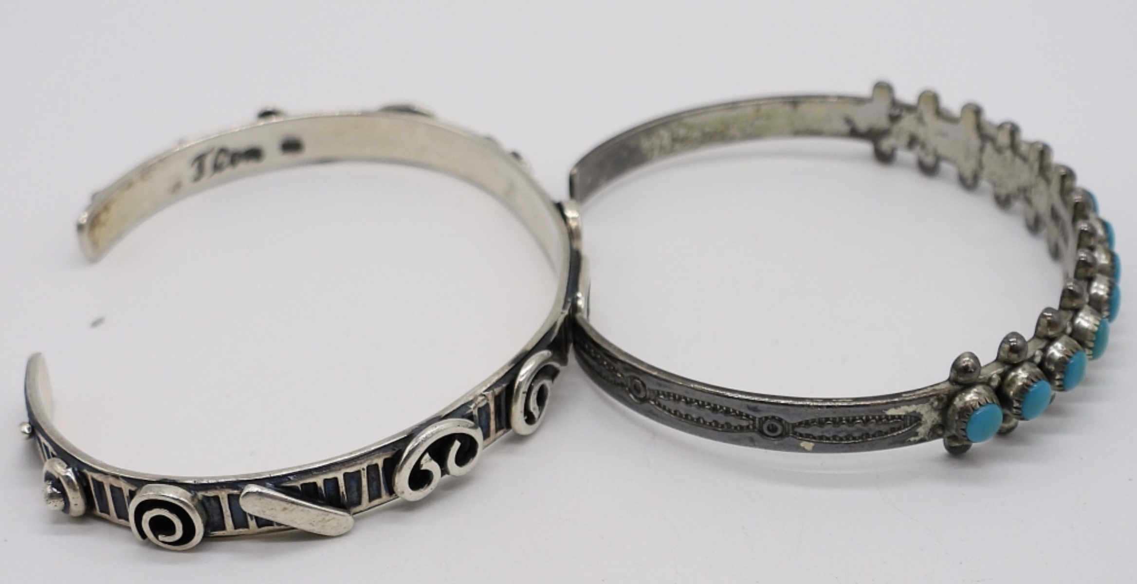 2 Sterling Cuff Bracelets, One Turquoise
