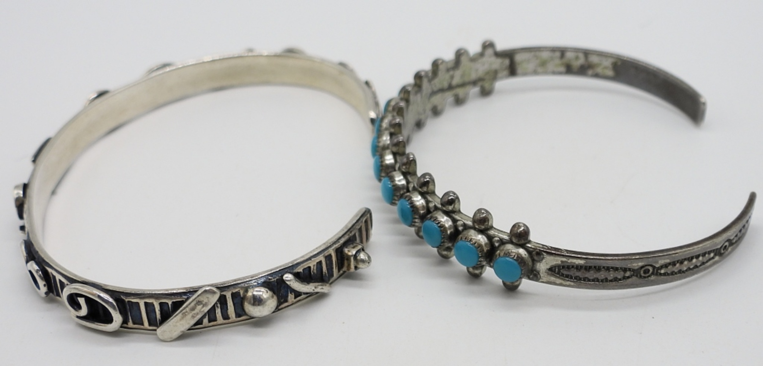 2 Sterling Cuff Bracelets, One Turquoise