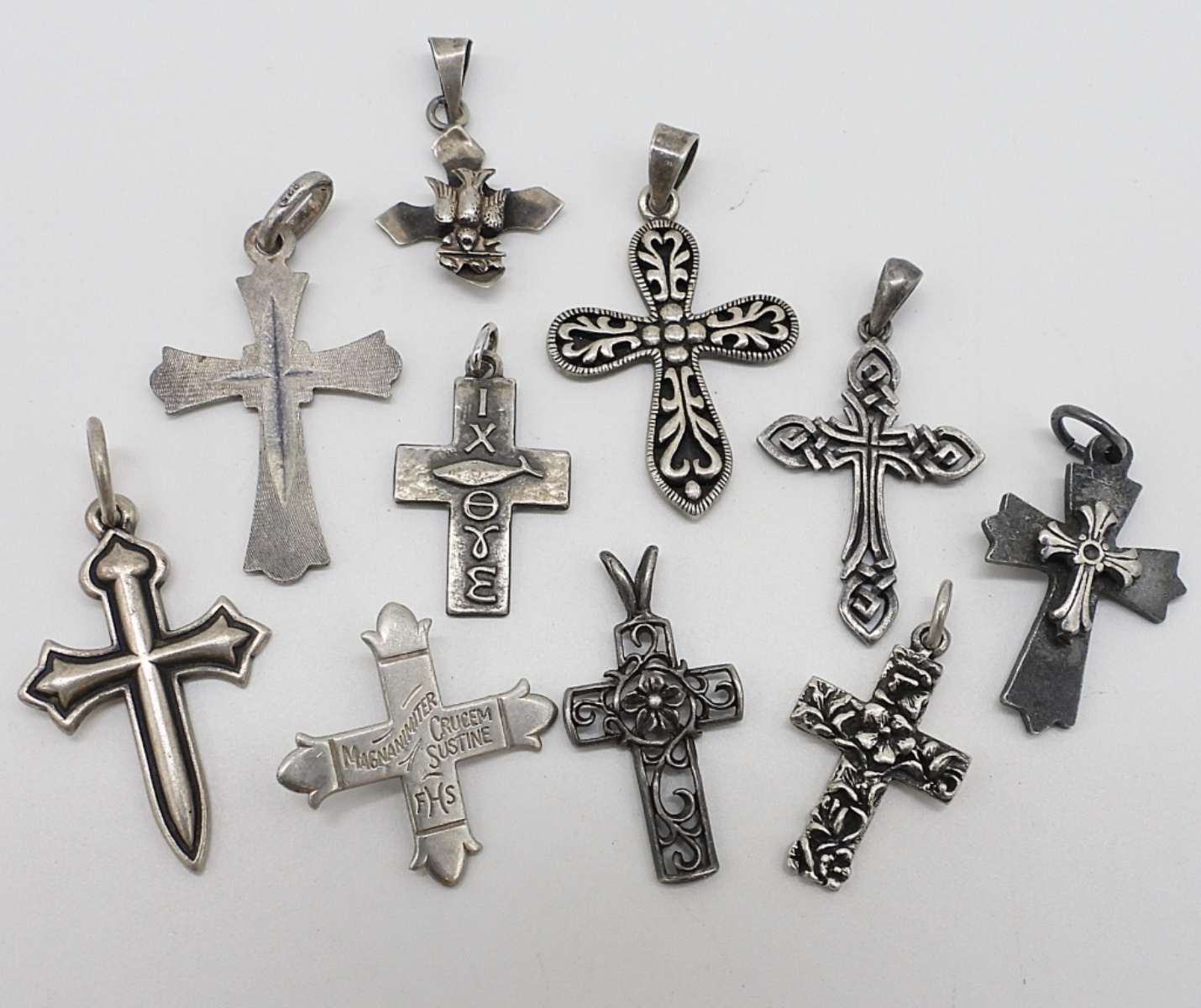 Ten Sterling Cross Pendants