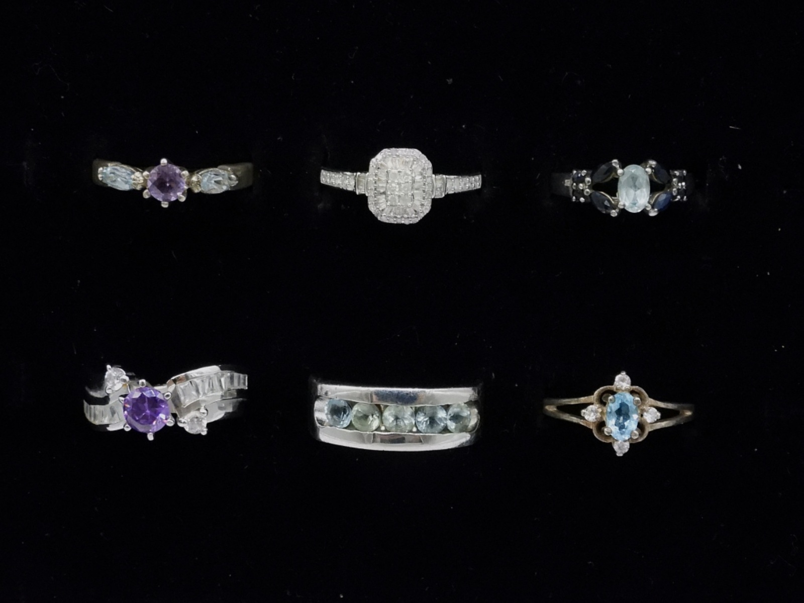 Six Sterling Rings, Diamond, Moissanite, Amethyst