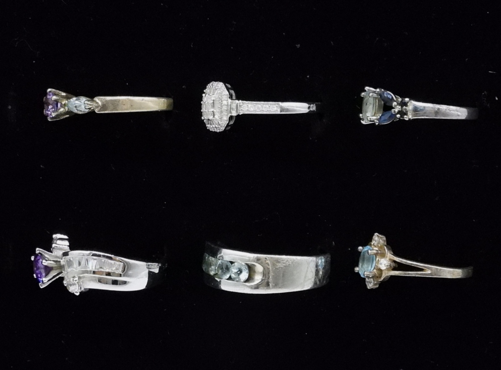 Six Sterling Rings, Diamond, Moissanite, Amethyst