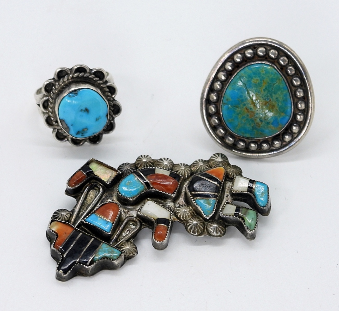 Zuni Inlay Brooch & Sterling Turquoise Rings