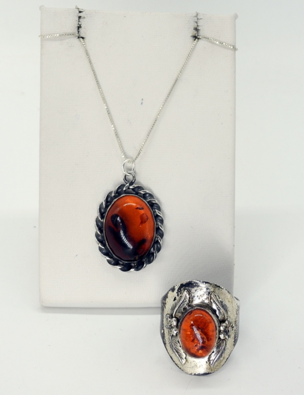 Sterling Silver Amber Pendant & Ring Set
