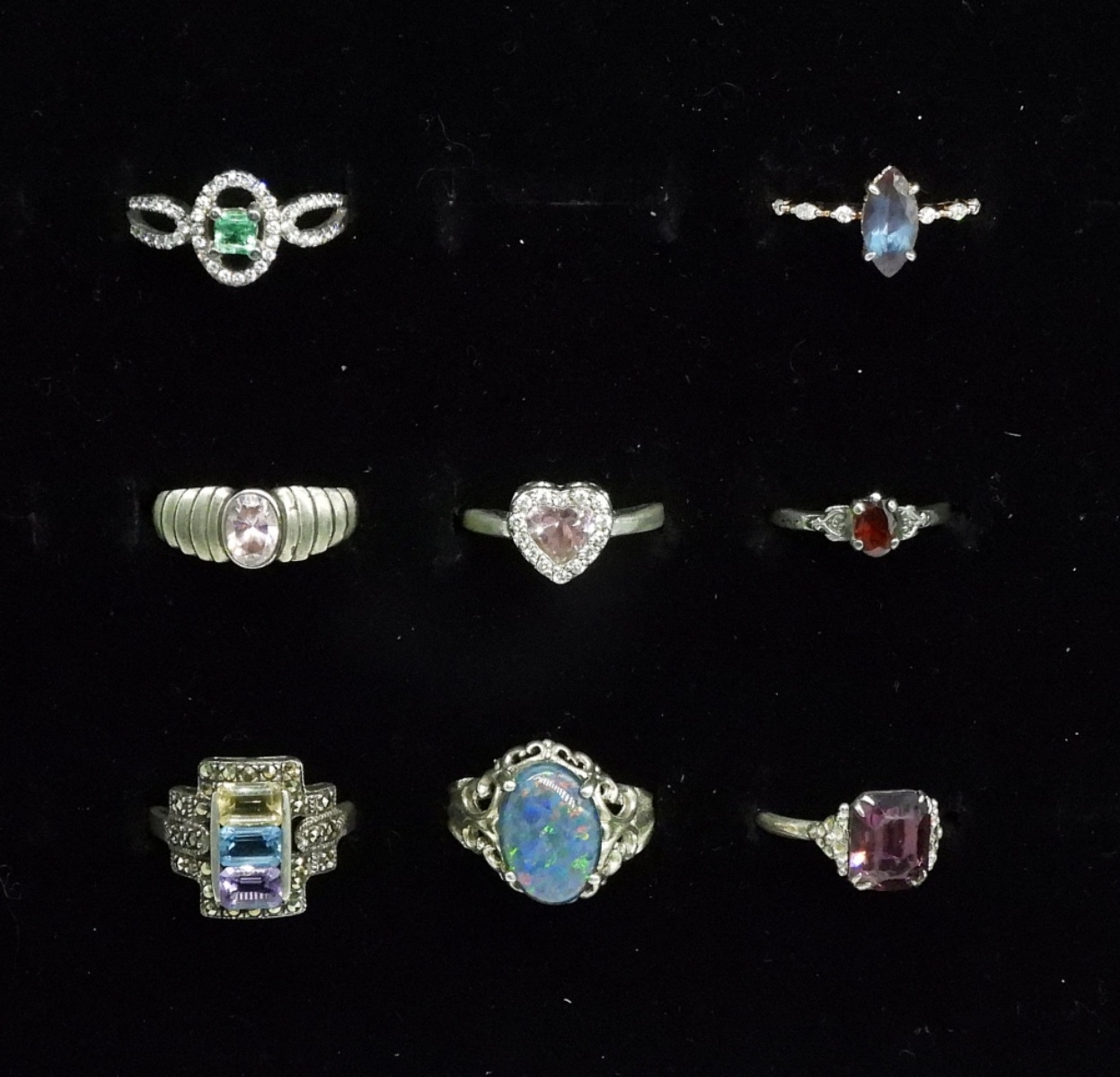 Eight Sterling Gemstone Rings