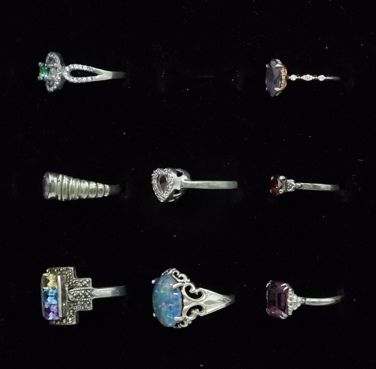 Eight Sterling Gemstone Rings
