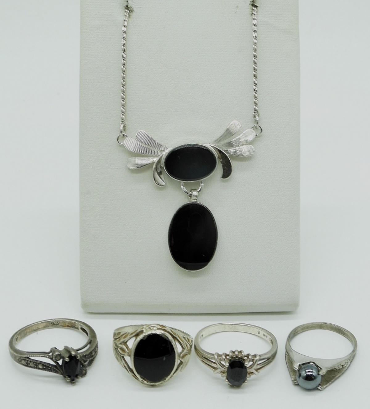 Van Dell Sterling Onyx Necklace & Ring Lot