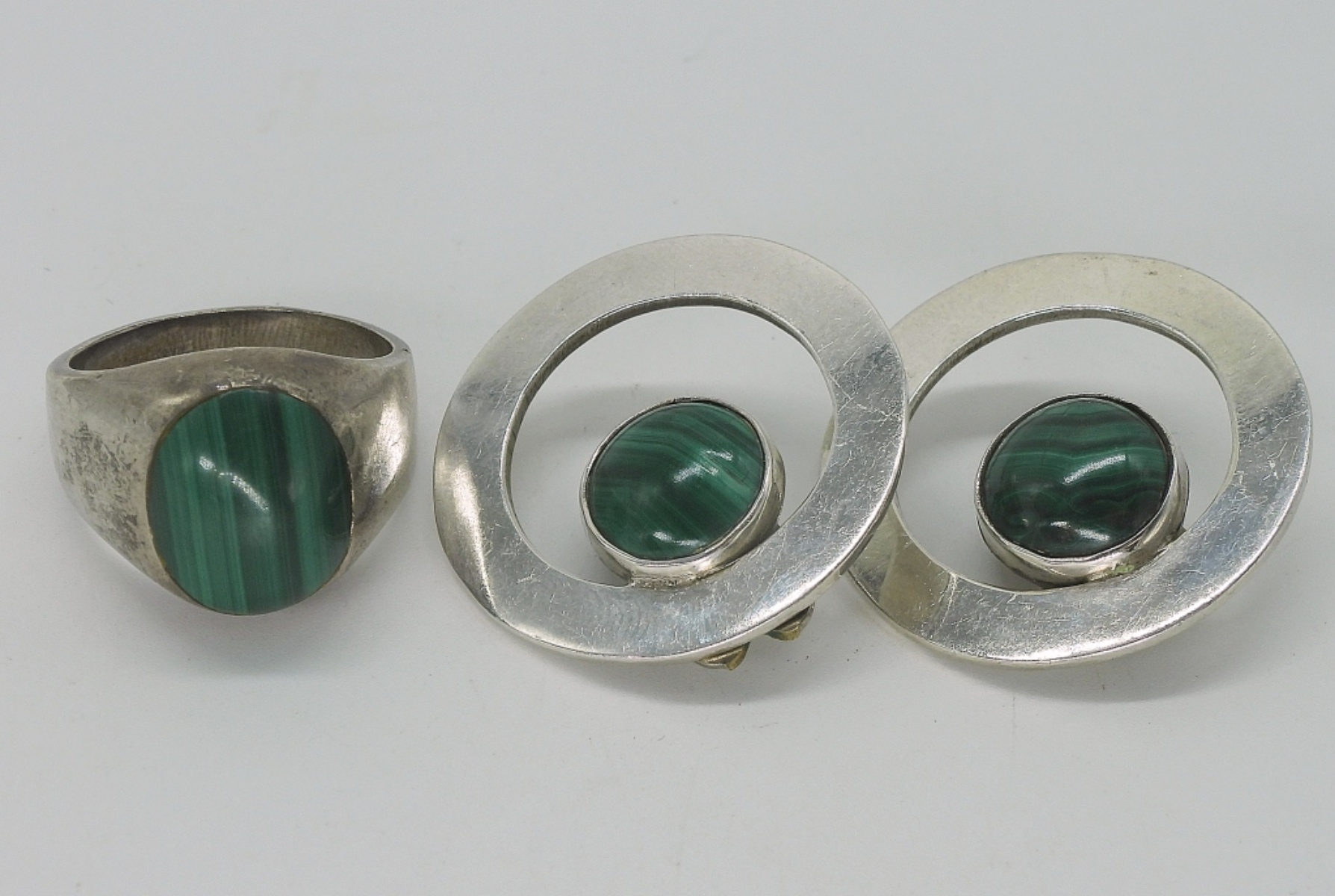 Taxco Sterling Malachite Ring & Earrings Set