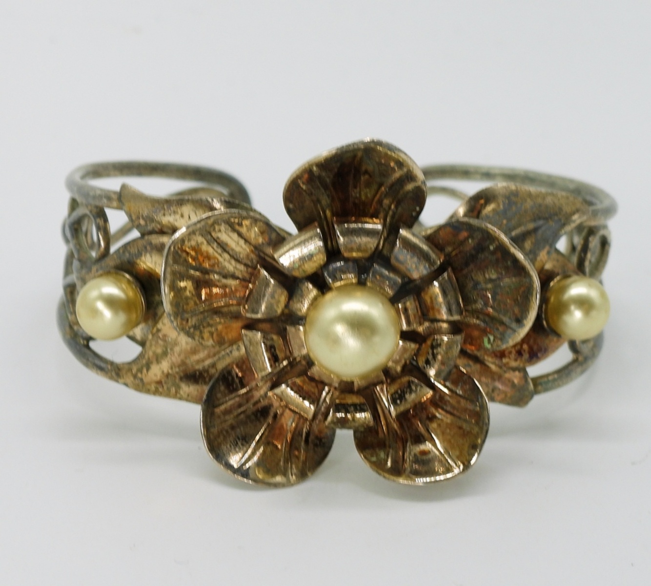 Pearl Floral Cuff Bracelet, Gold Tone Sterling