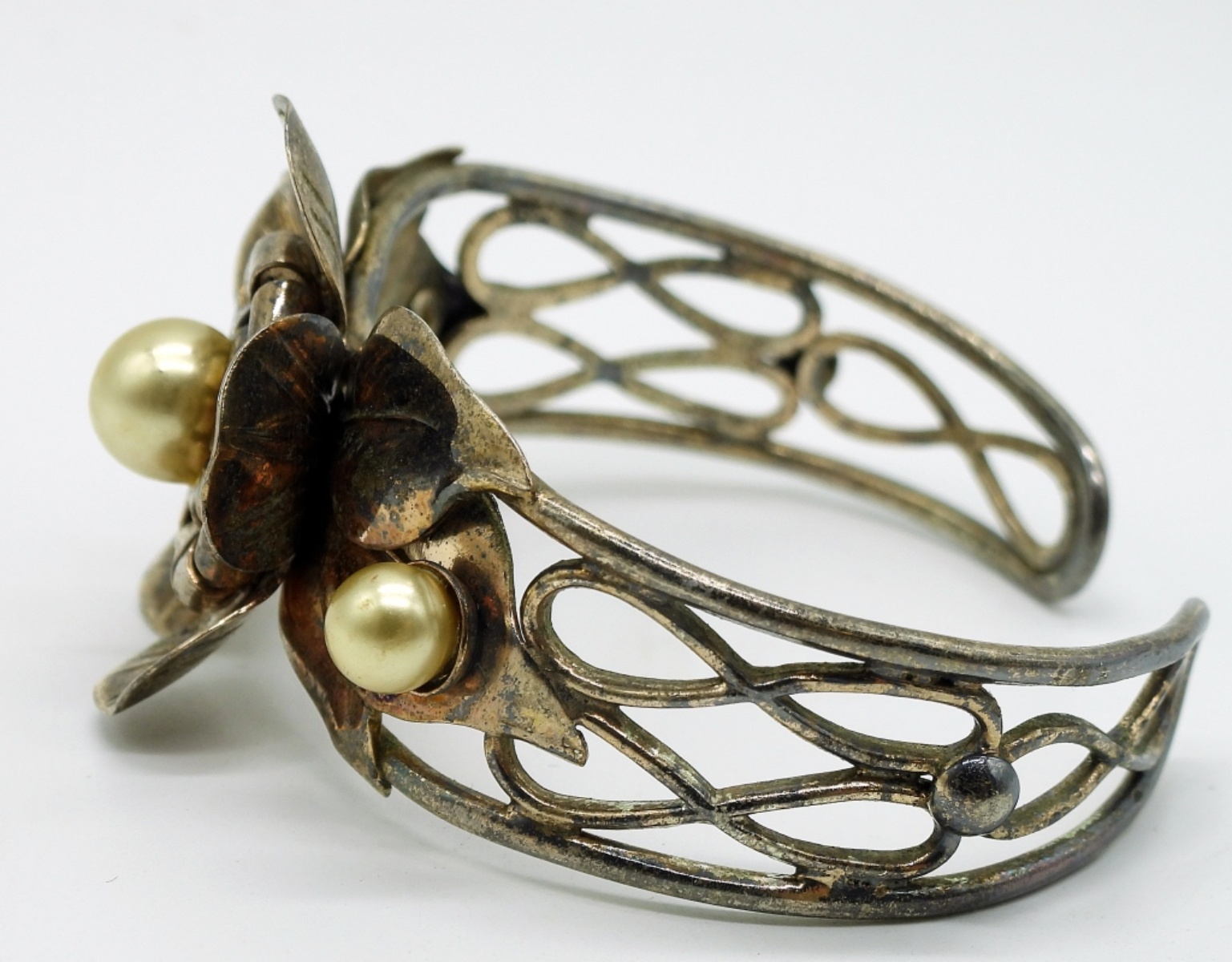 Pearl Floral Cuff Bracelet, Gold Tone Sterling
