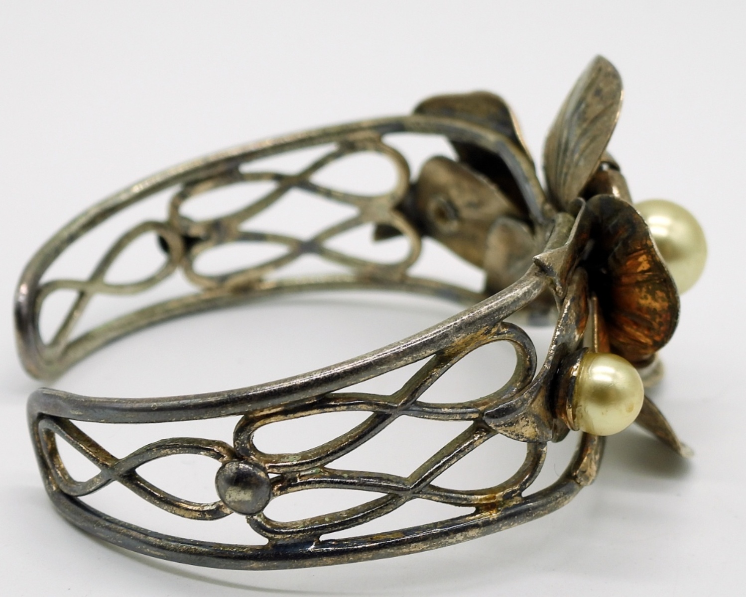 Pearl Floral Cuff Bracelet, Gold Tone Sterling