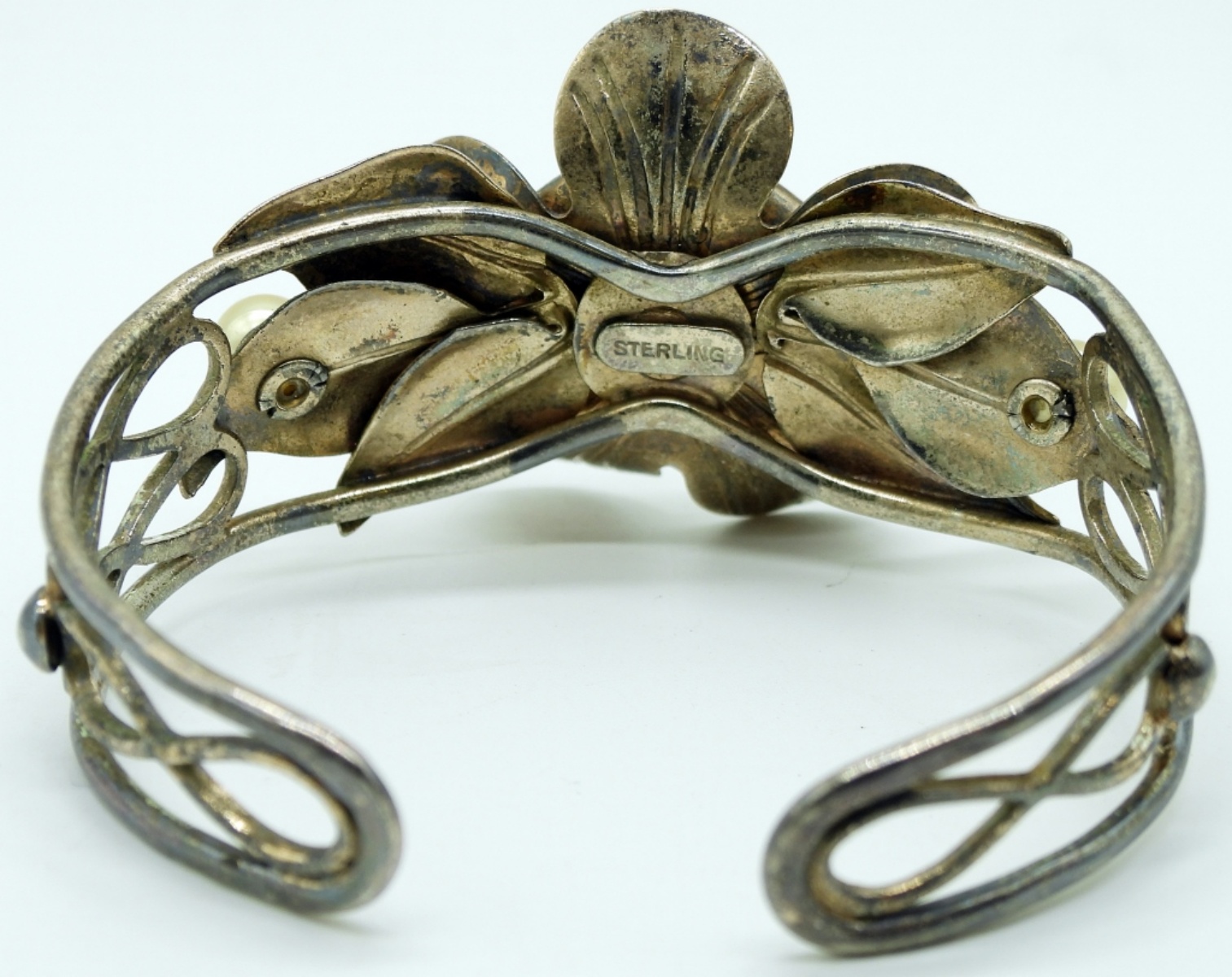 Pearl Floral Cuff Bracelet, Gold Tone Sterling
