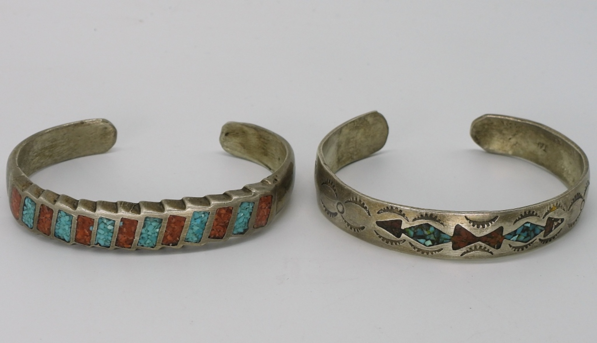 2 Sterling Cuff Bracelets with Inlaid Gemstones