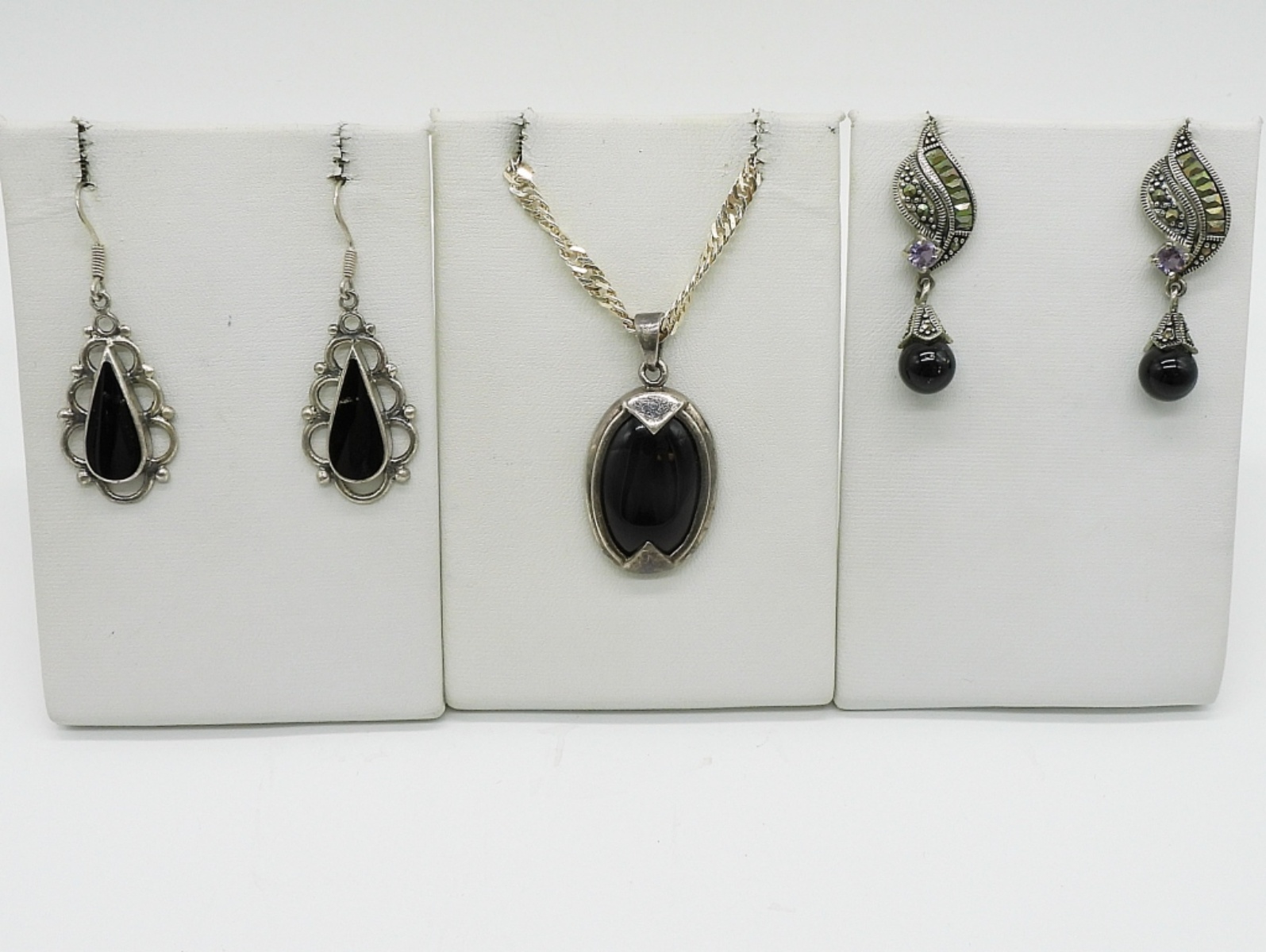 Sterling Silver Onyx Necklace & Earrings Set