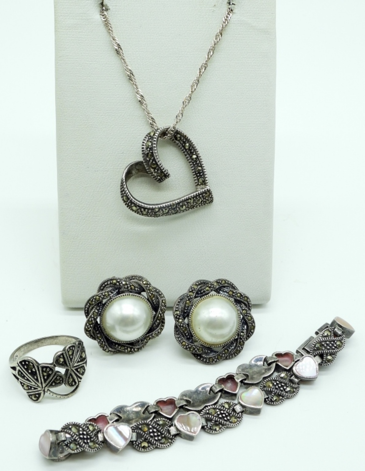 Sterling Marcasite Pearl Jewelry Set, 4pc