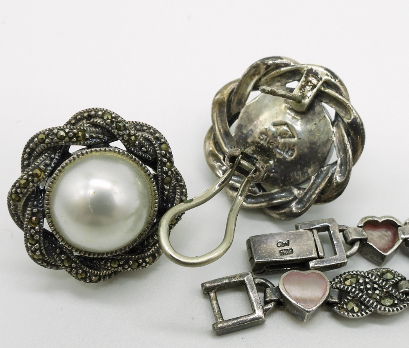 Sterling Marcasite Pearl Jewelry Set, 4pc
