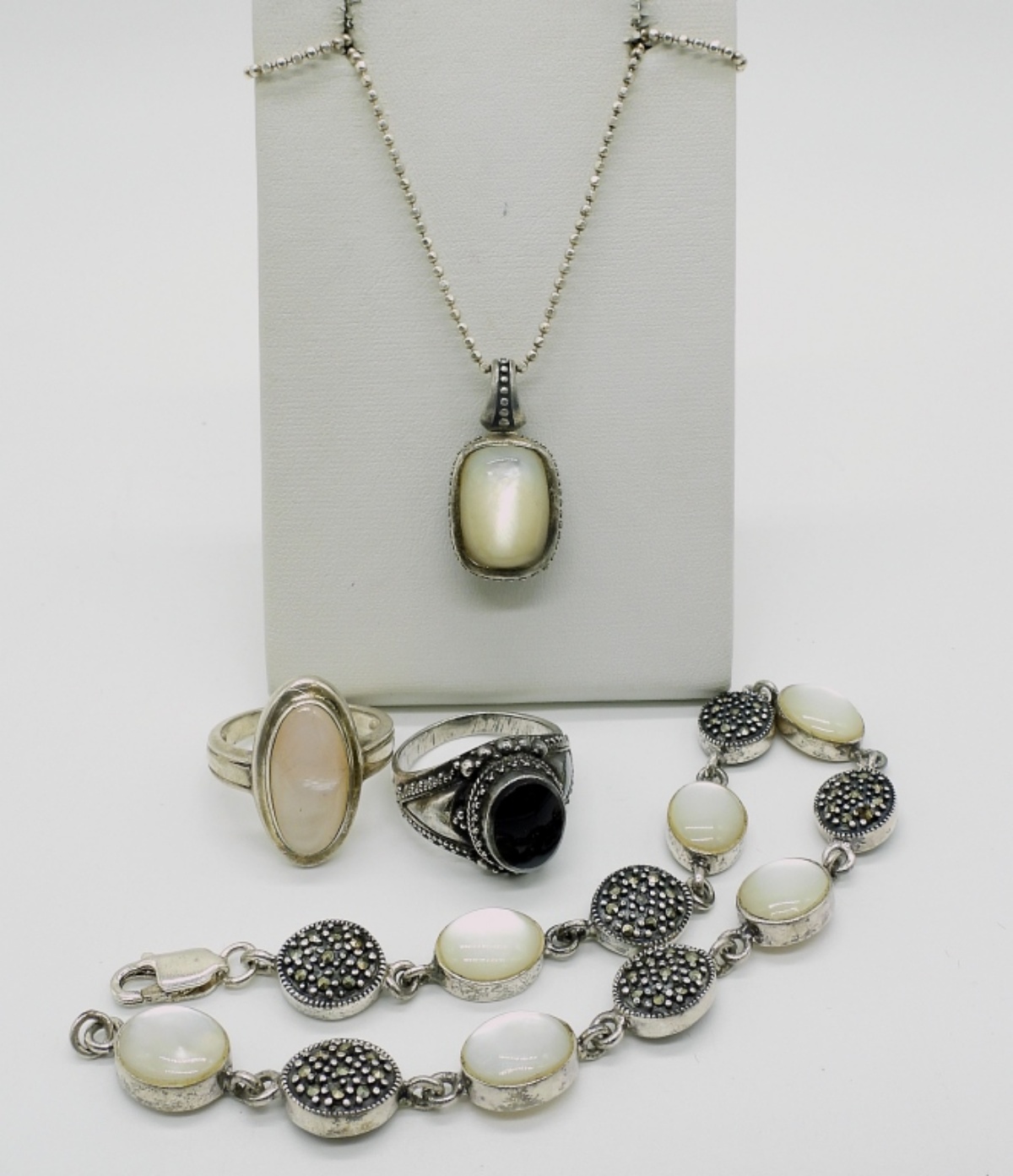 Sterling MOP & Onyx Necklace, Rings, Bracelet