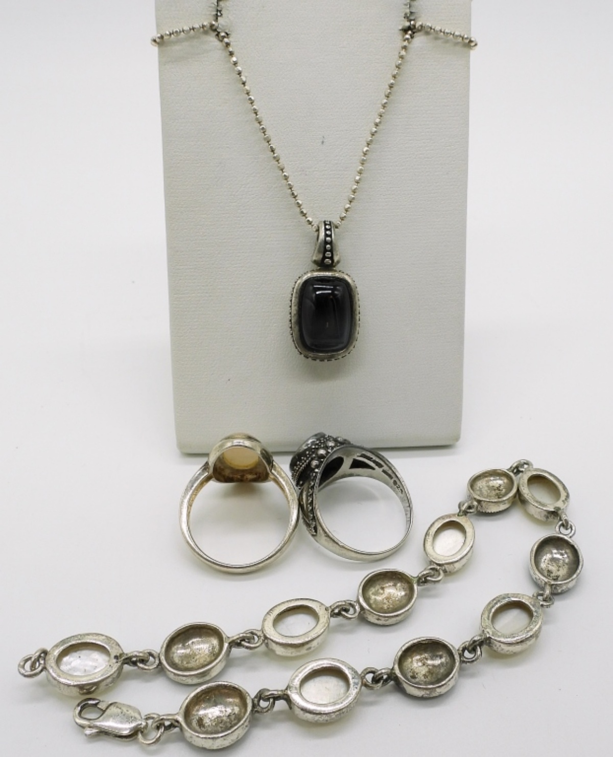 Sterling MOP & Onyx Necklace, Rings, Bracelet