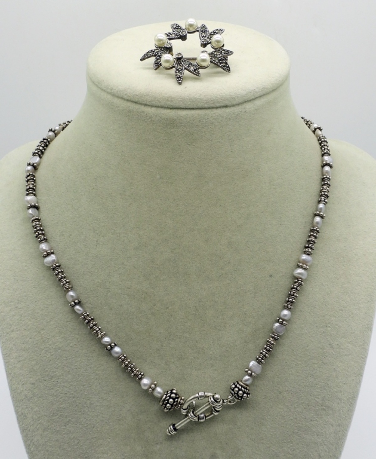 Sterling Pearl Necklace & Marcasite Brooch