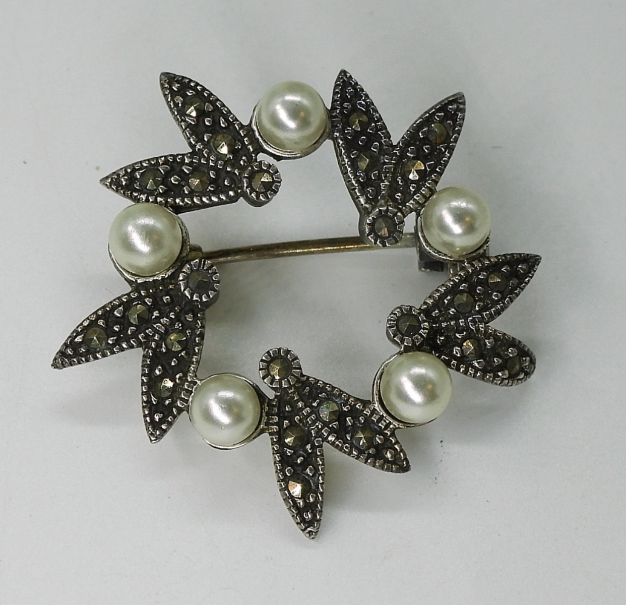 Sterling Pearl Necklace & Marcasite Brooch
