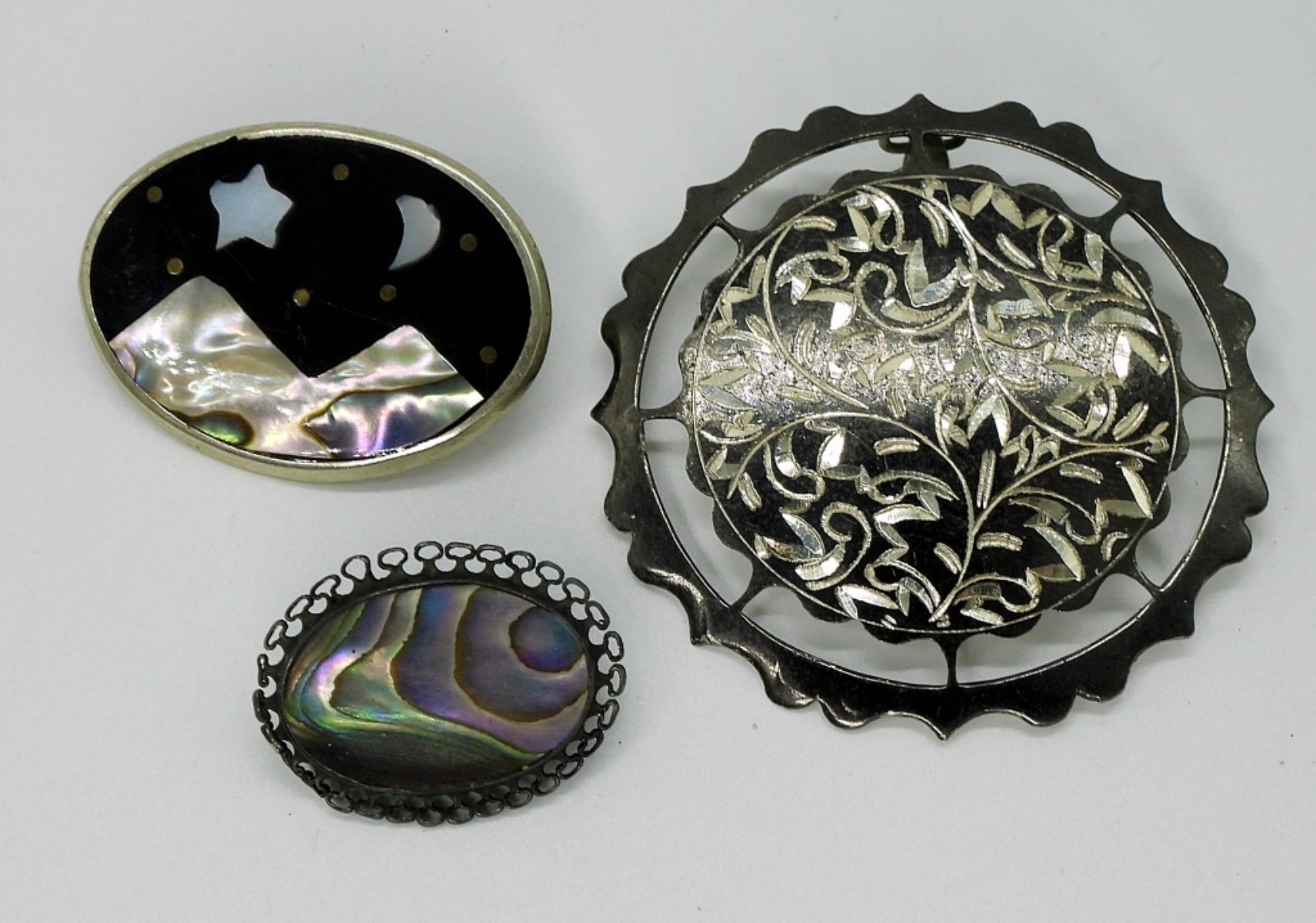 Sterling & Alpaca Abalone Brooch Lot, 3Pcs