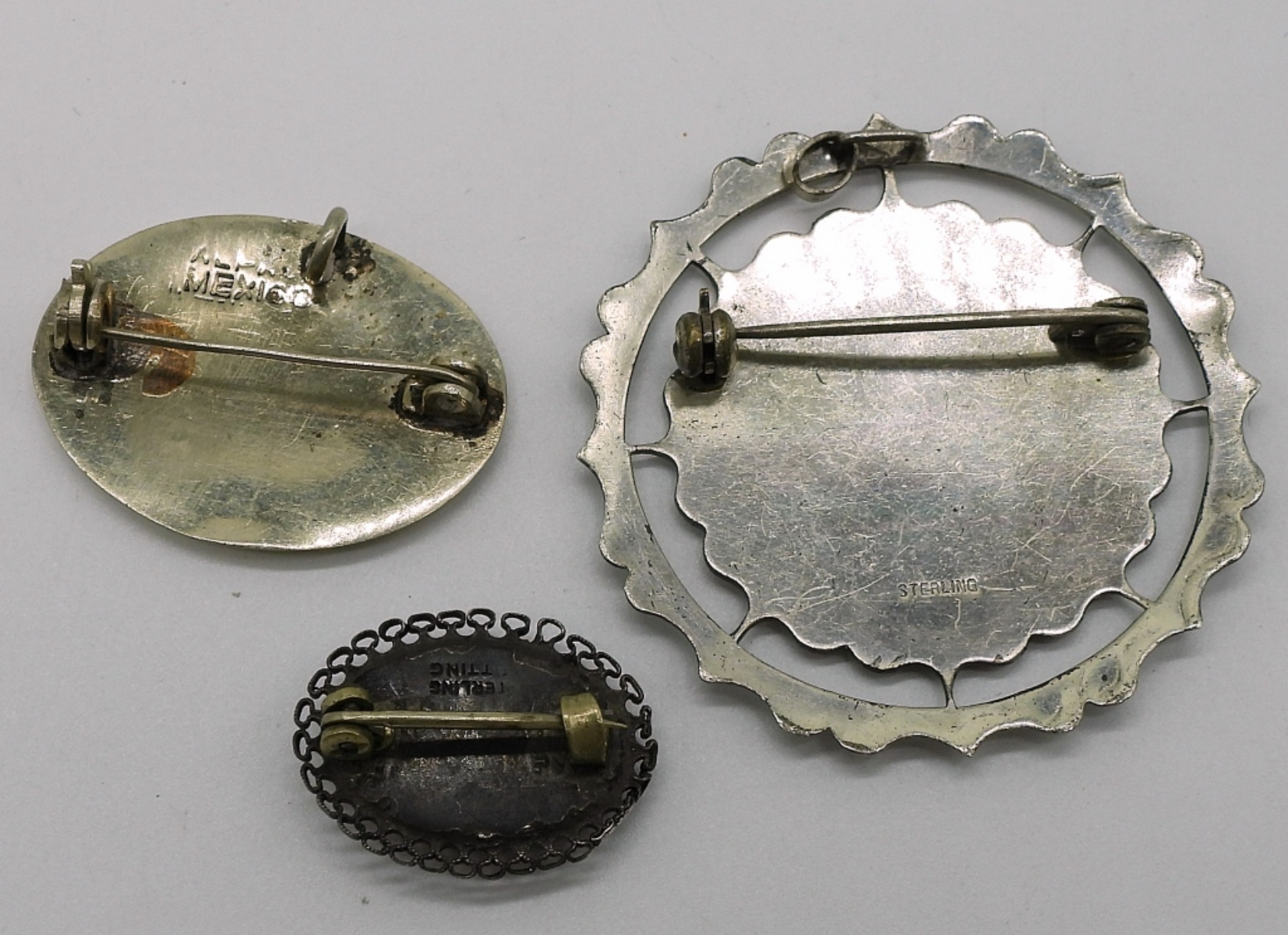 Sterling & Alpaca Abalone Brooch Lot, 3Pcs