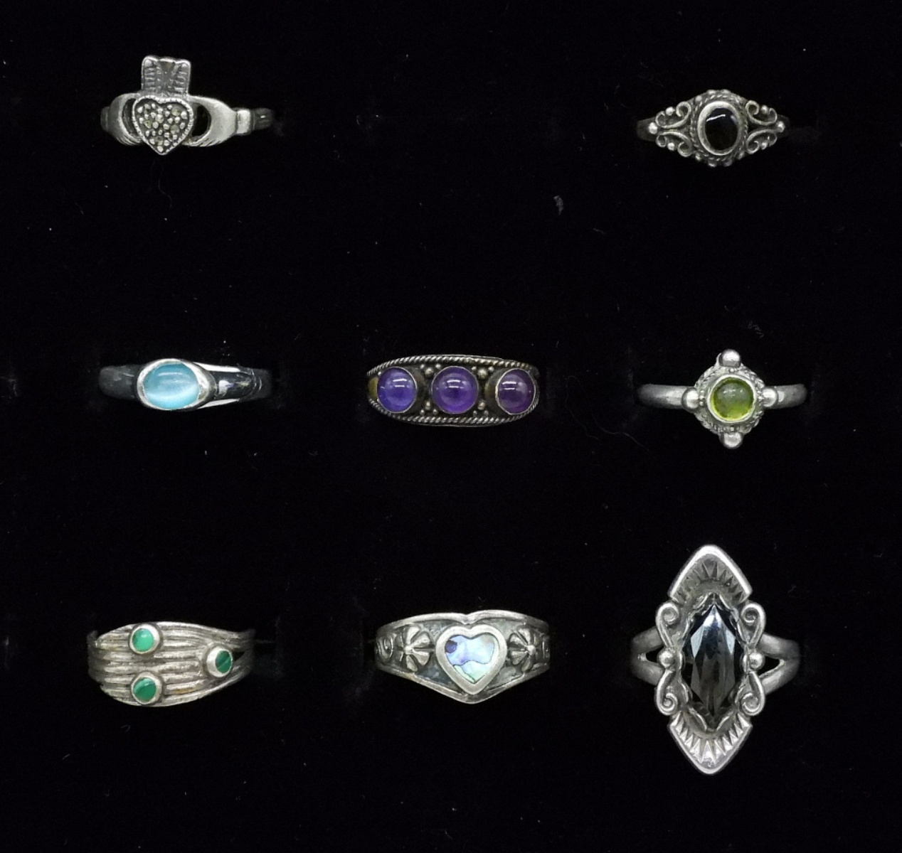 Eight Sterling Gemstone Rings
