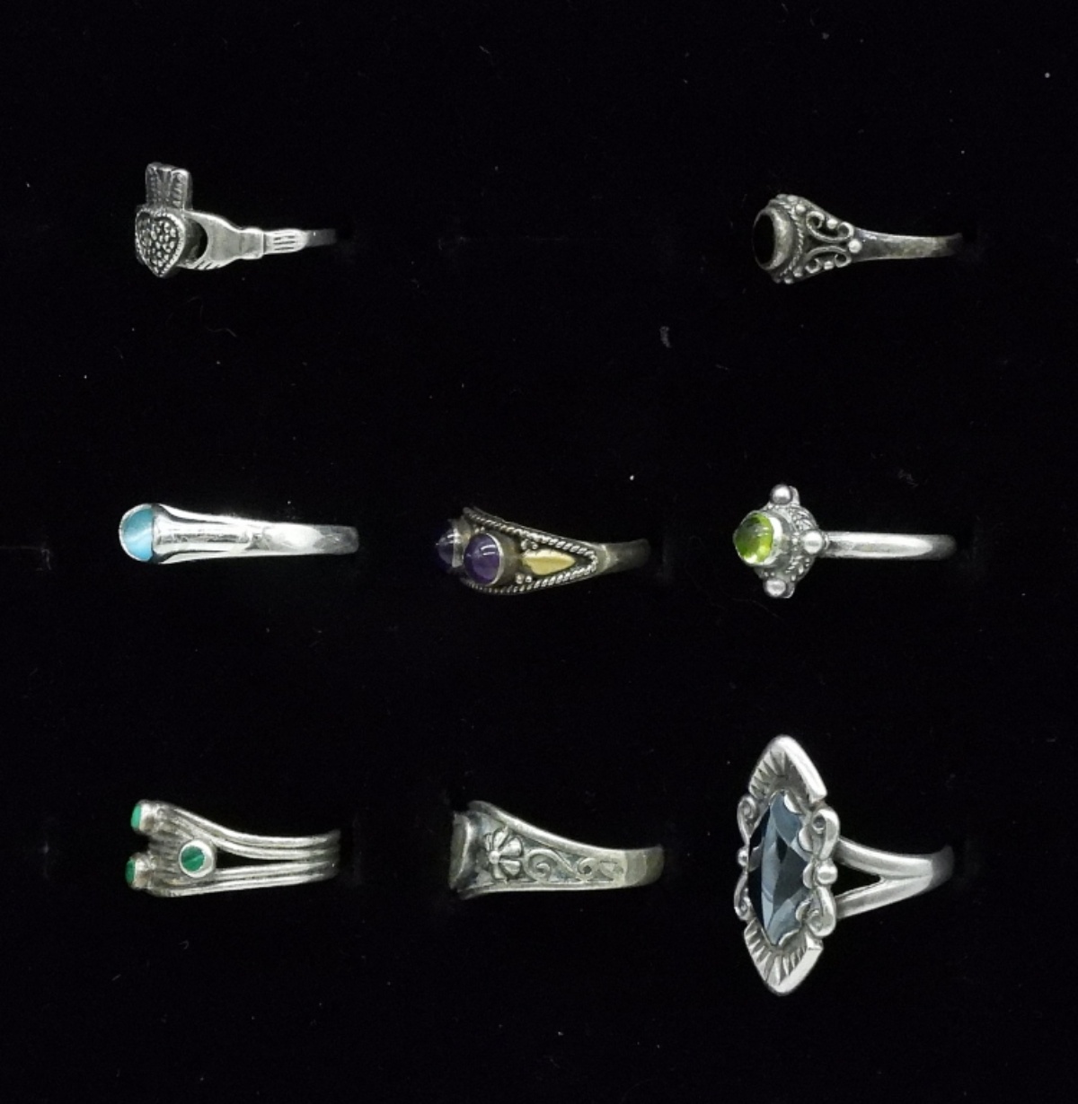 Eight Sterling Gemstone Rings