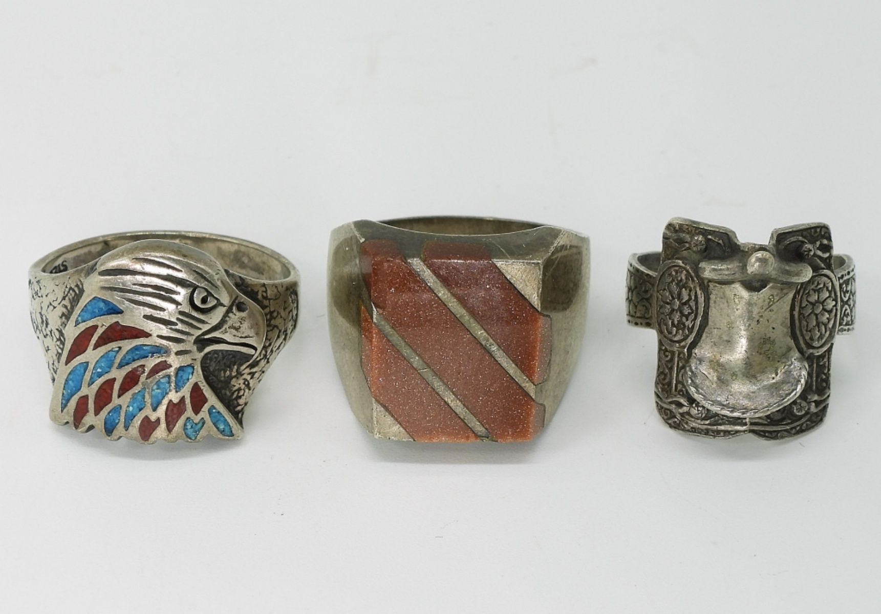 3 Sterling Rings, Goldstone, Tigers Eye & Carolyn