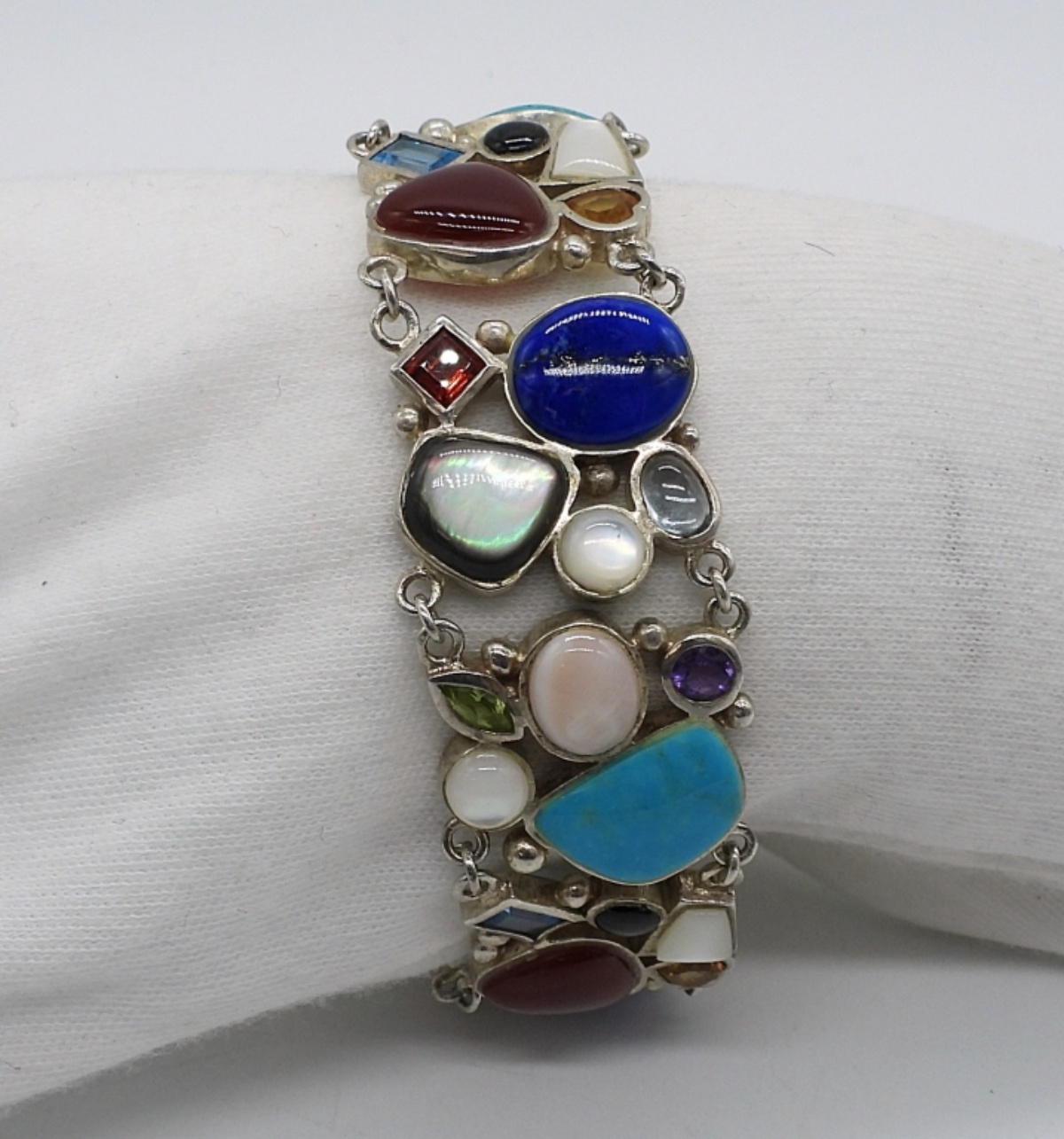 Wide Multi Gemstone Sterling Bracelet