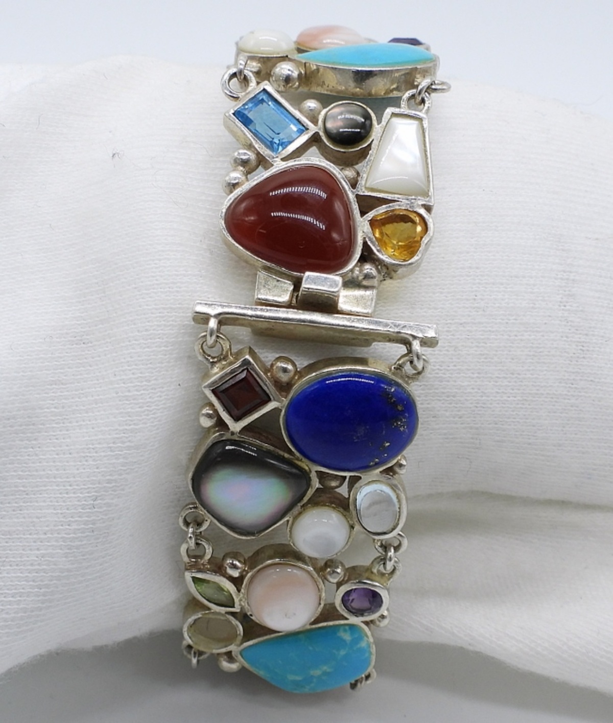 Wide Multi Gemstone Sterling Bracelet