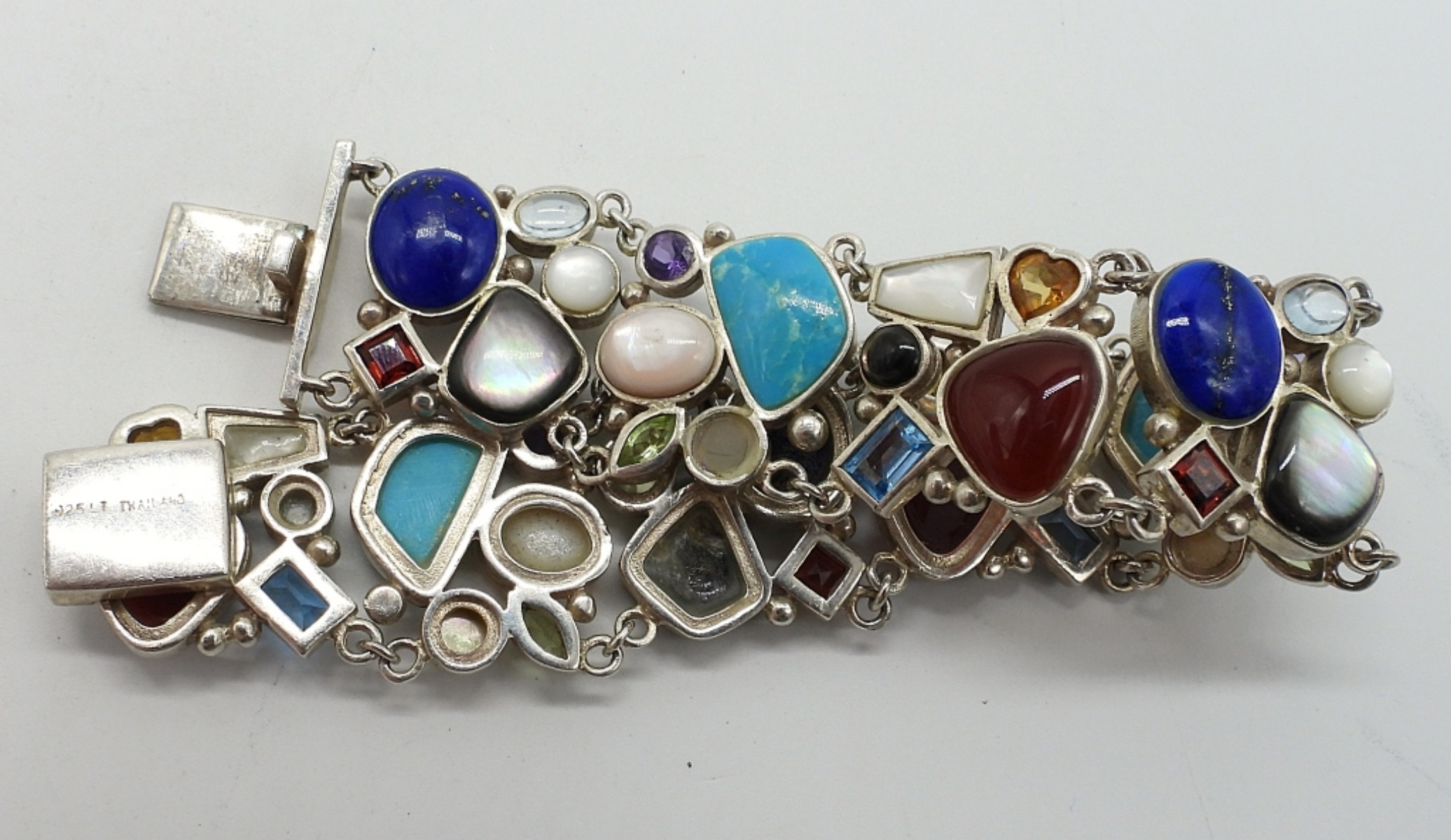 Wide Multi Gemstone Sterling Bracelet