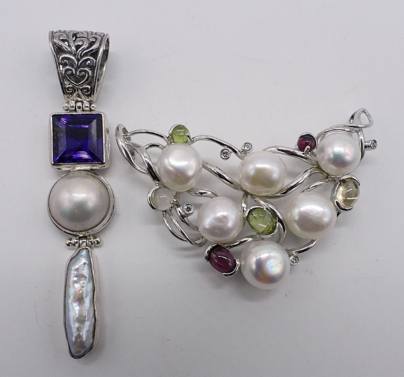 2 Sterling Pearl & Gemstone Pendants