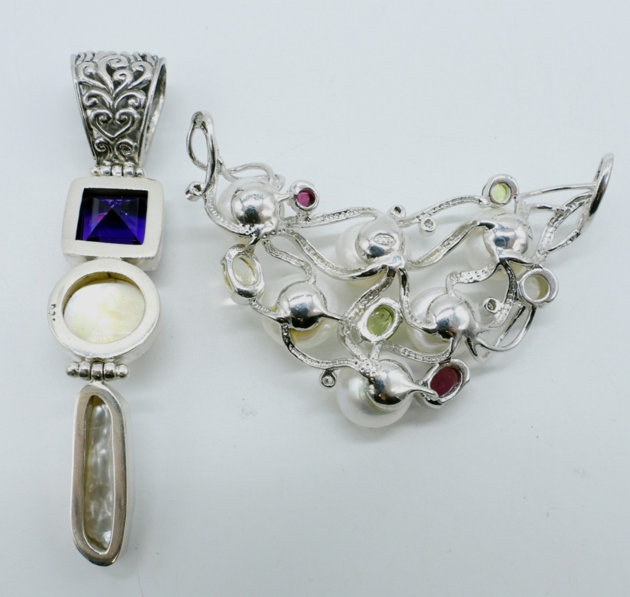 2 Sterling Pearl & Gemstone Pendants