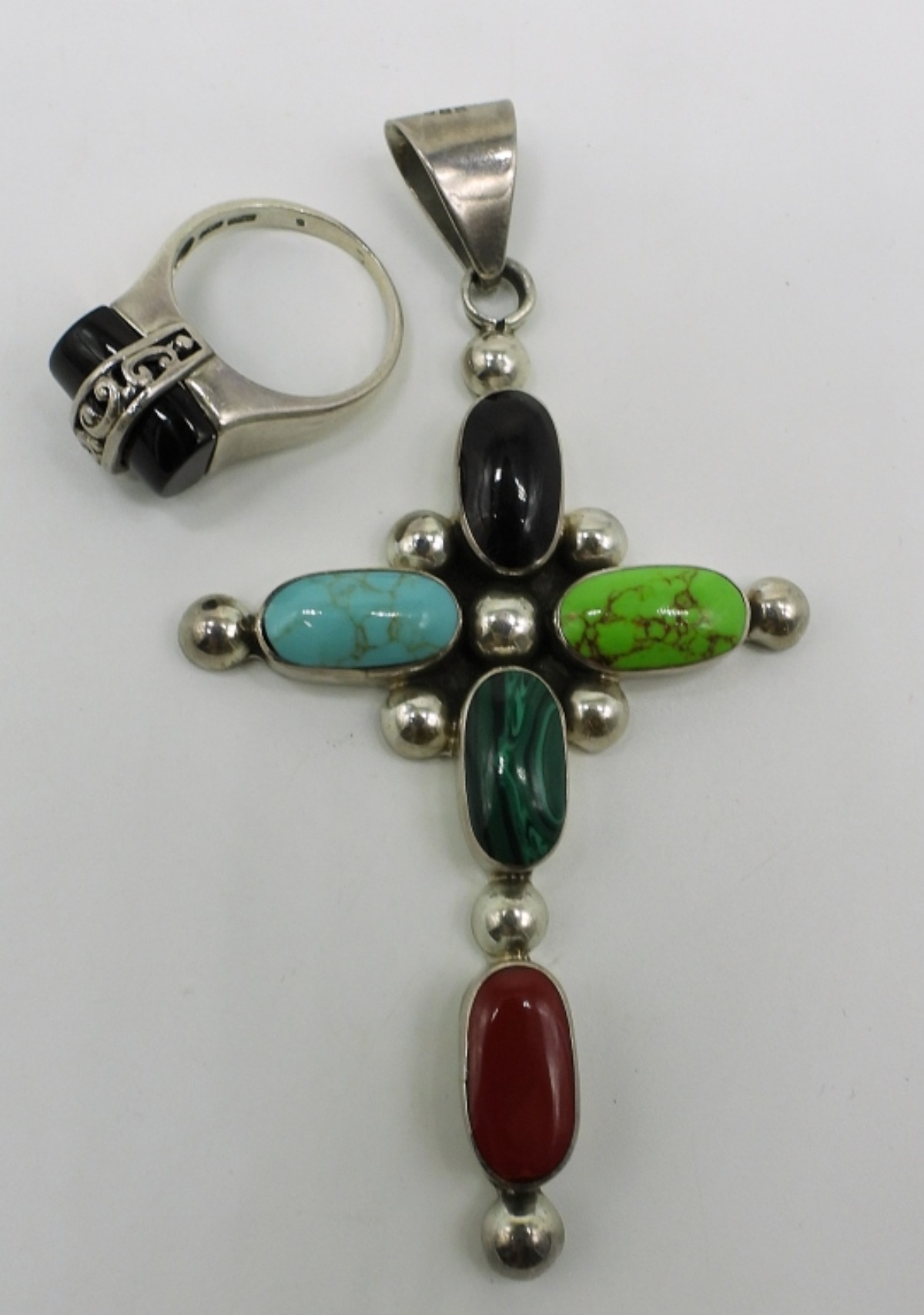 Large Southwest Style Sterling Cross Pendant & Rin