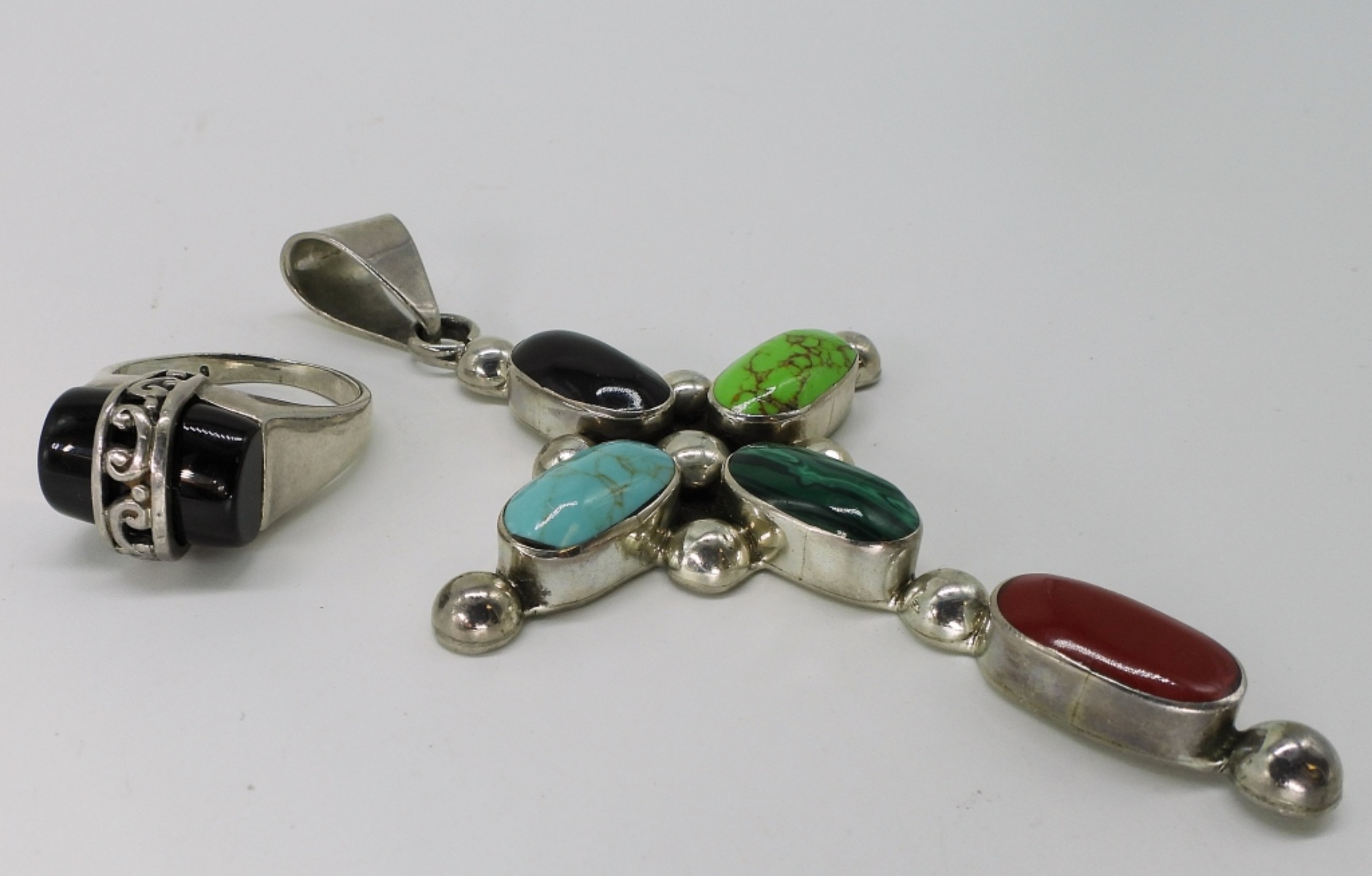 Large Southwest Style Sterling Cross Pendant & Rin