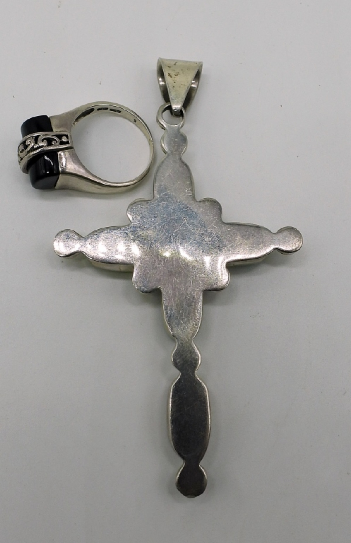 Large Southwest Style Sterling Cross Pendant & Rin