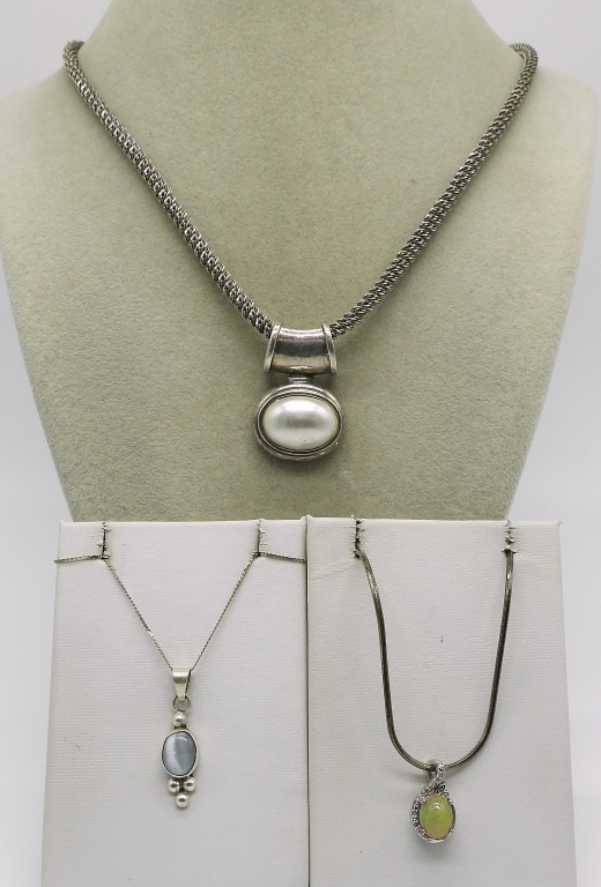 Three Sterling Opal & Mother of Pearl Necklaces