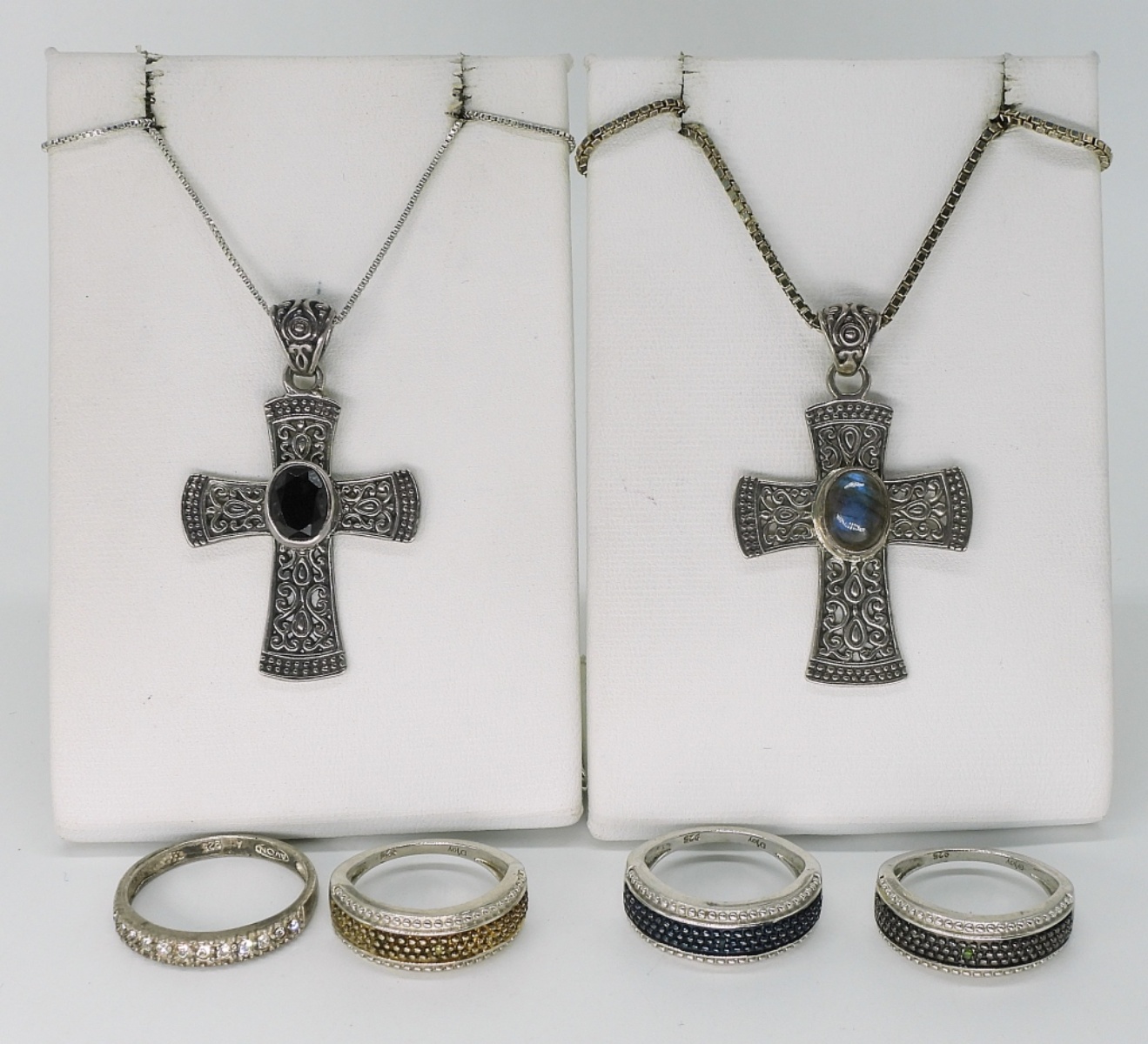Sterling Cross Necklaces & Four Rings