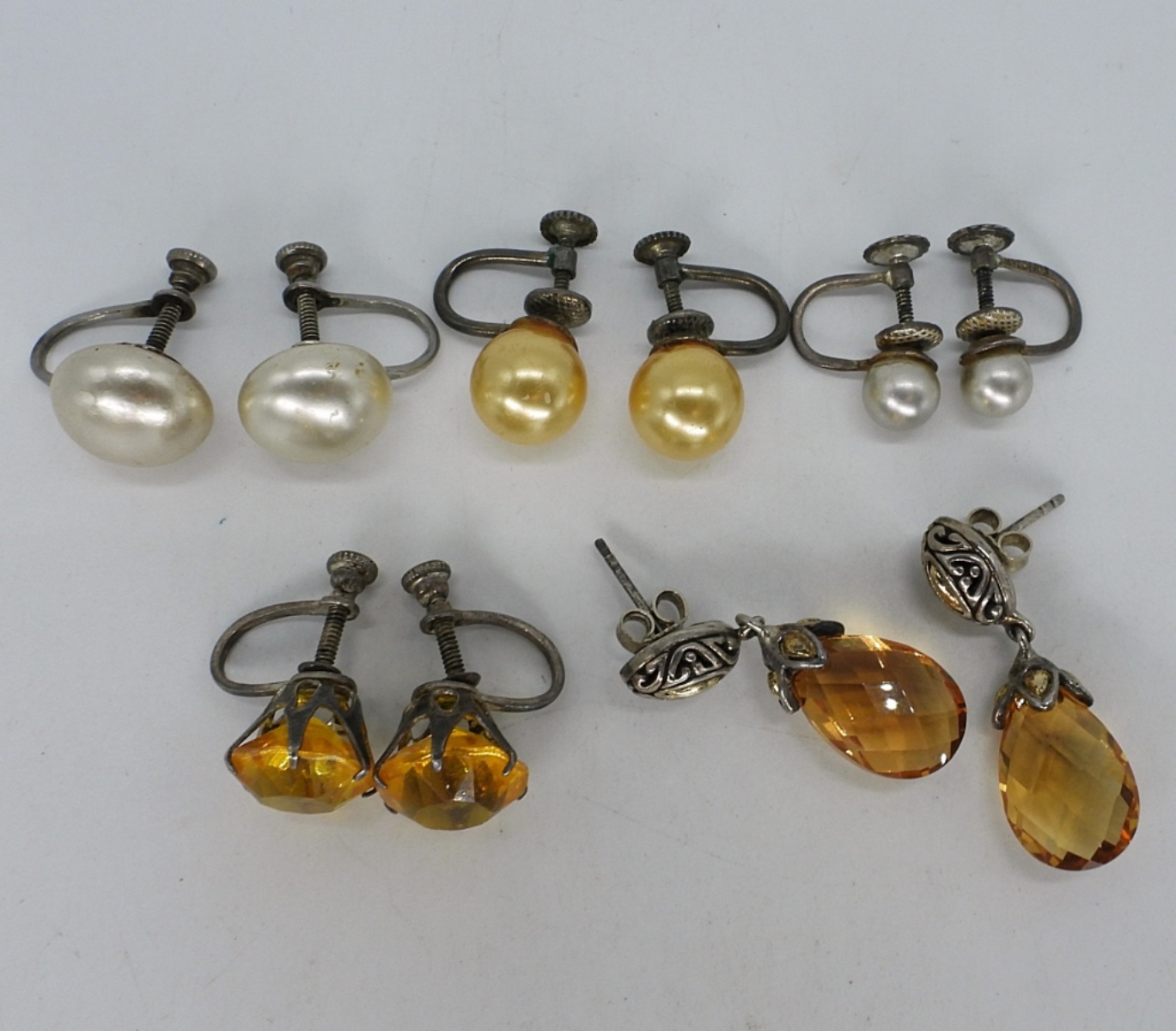 5 Vintage 925 Pearl & Rhinestone Earrings
