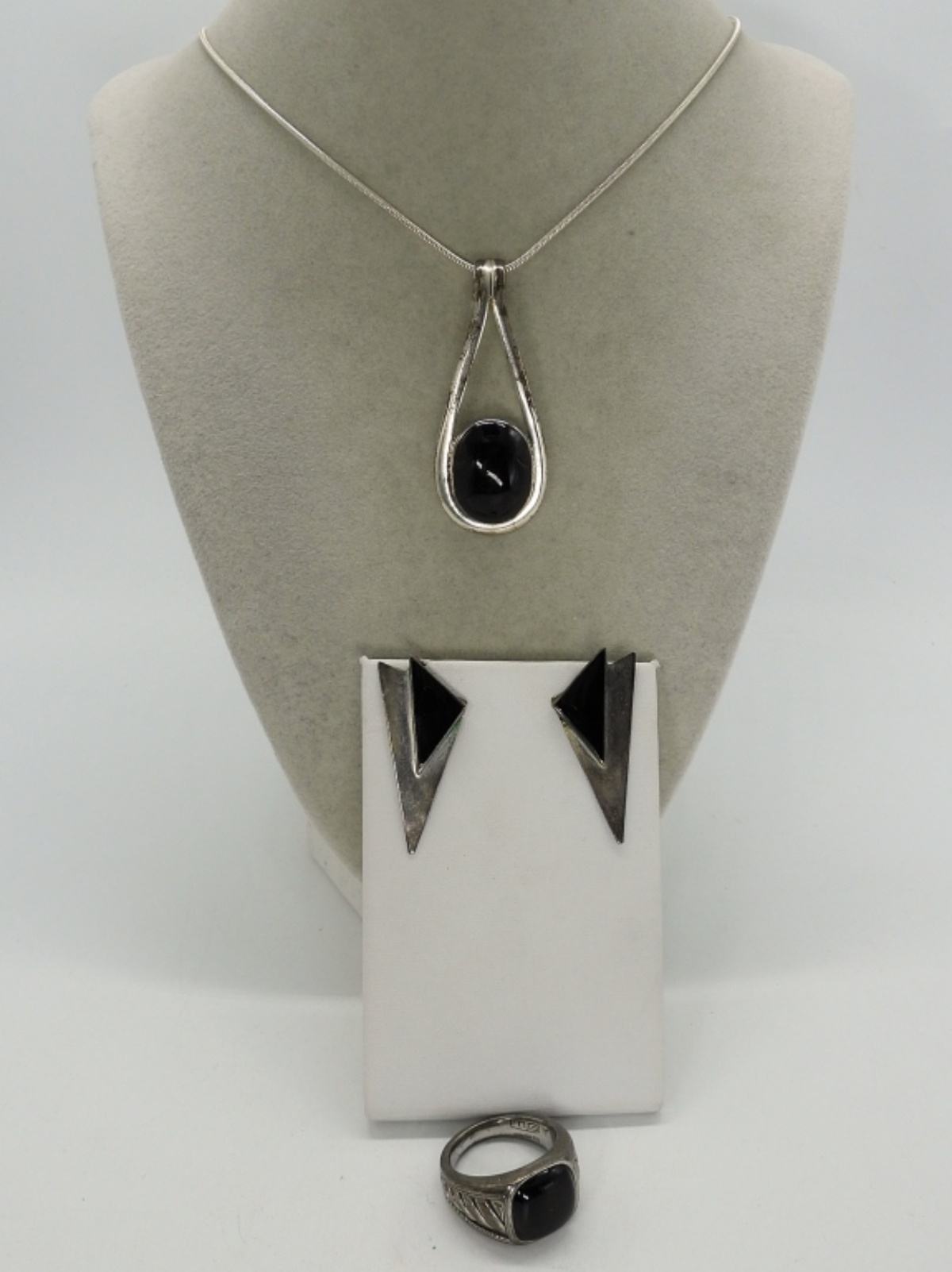 Black Onyx Sterling Necklace, Ring Set
