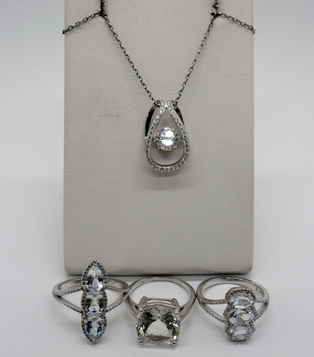 Sterling Faux Diamond Rings & Necklace