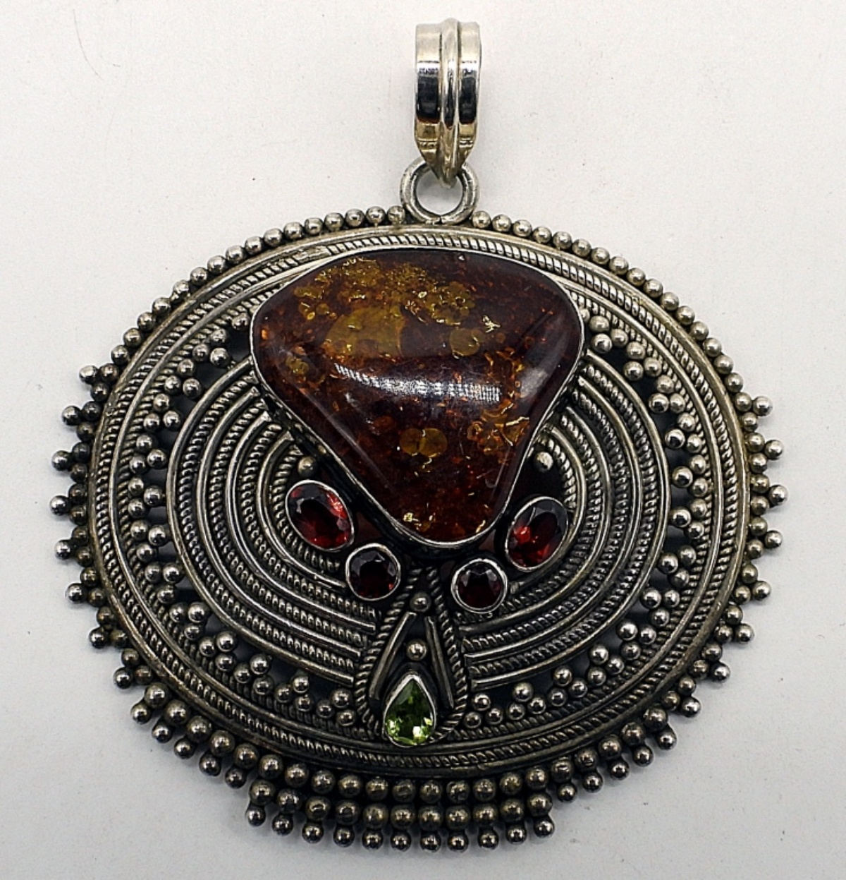 Large Ornate Sterling Amber Pendant