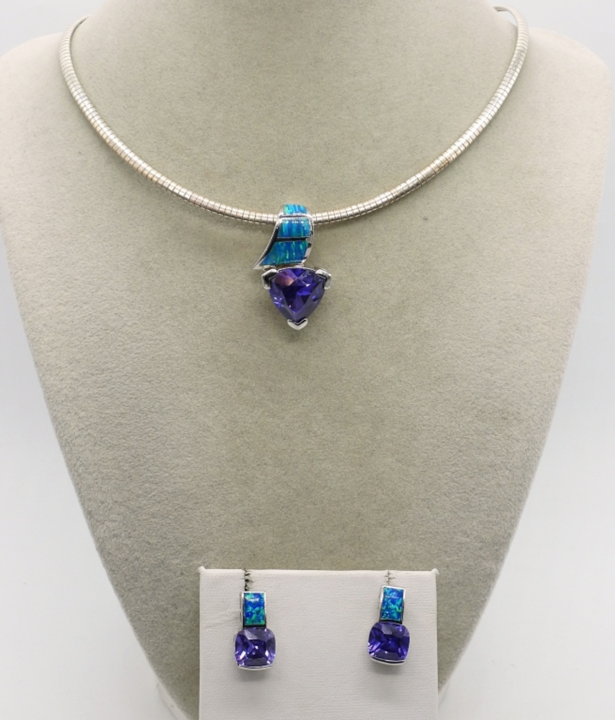 Amethyst & Opal Sterling Necklace Earring Set