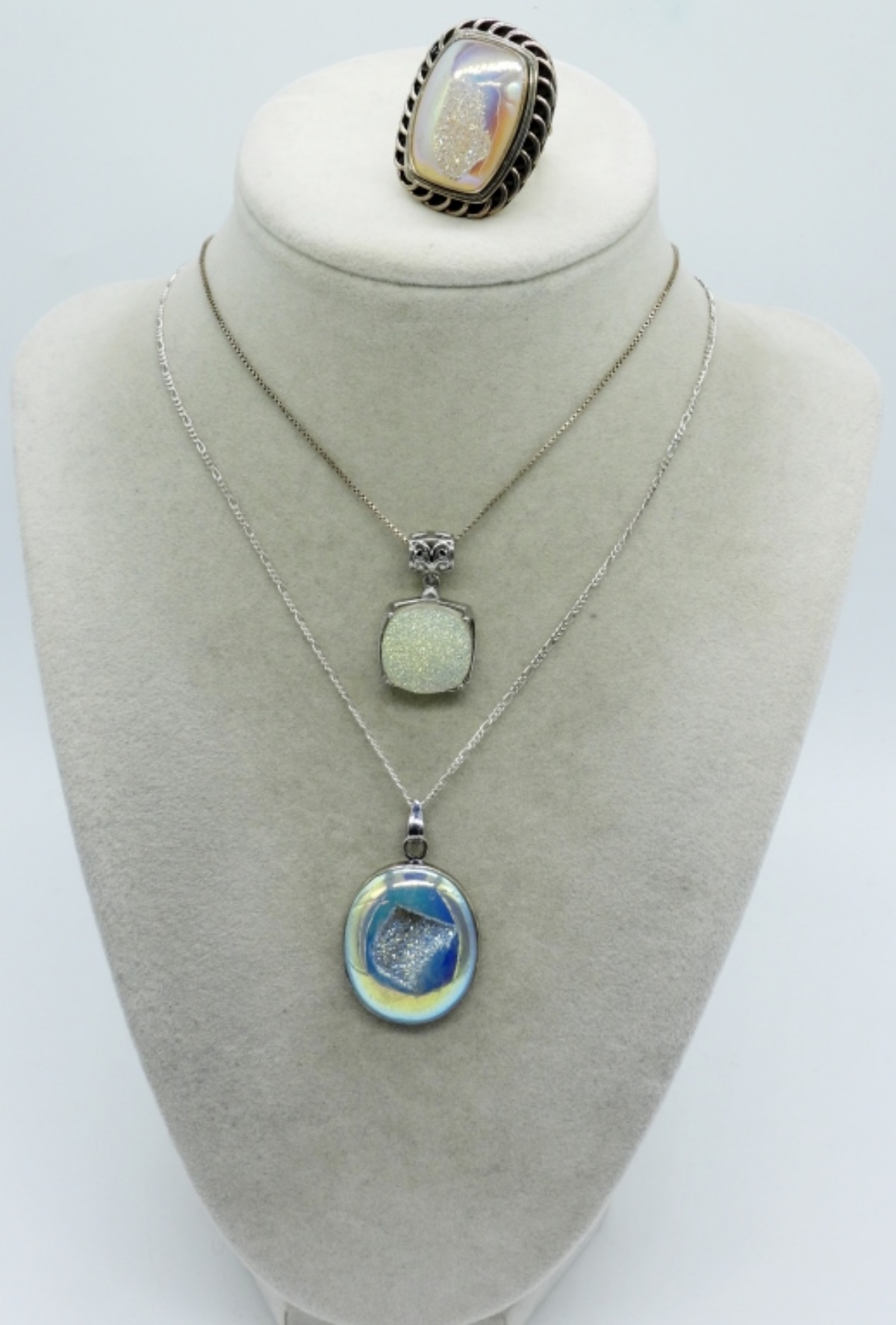 Pearlescent Druzy 925 Necklaces & Ring