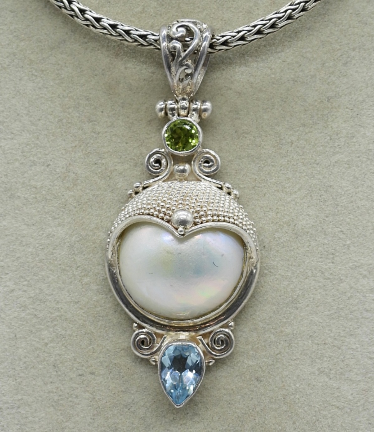 Pearl, Peridot, Blue Topaz 925 Necklace